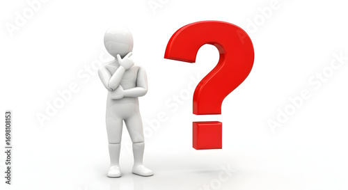Question and decision concept: white 3D figure pondering beside a large red question mark on white background — FAQ, uncertainty and problem solving metaphor