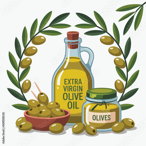 Extra virgin olive oil bottle with olives and branches Keywords: olive oil, extra virgin, olives