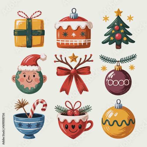 Festive Christmas holiday icons including gifts ornaments and Santa on white background Keywords
