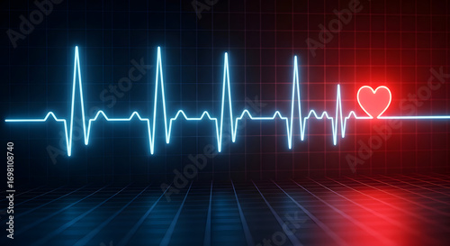 Medical heartbeat and cardiology pulse line: glowing ECG waveform morphing into red heart shape on black background — health monitoring, cardiac care and life-signs concept