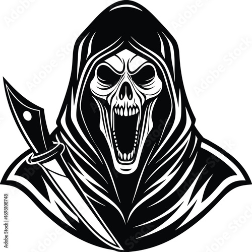 Halloween ghostface killer in black robe holding a knife vector illustration.