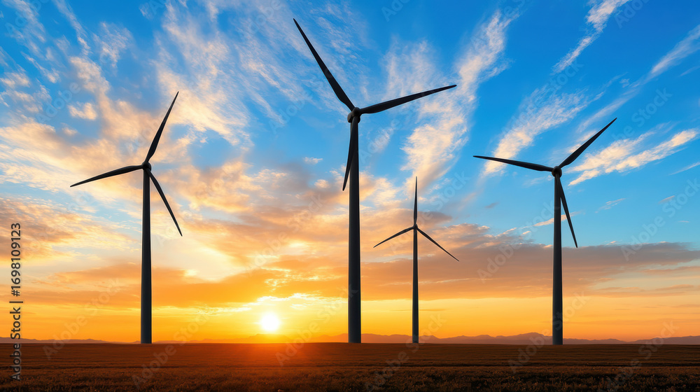 Fototapeta premium Wind turbines silhouette against sunset sky, creating serene atmosphere