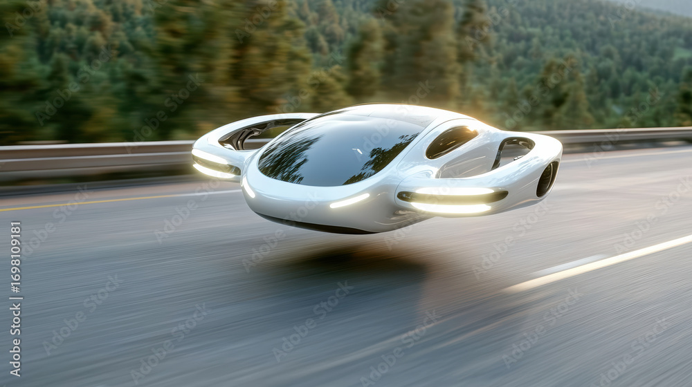Obraz premium Futuristic flying car soaring above highway, showcasing advanced technology and sleek design