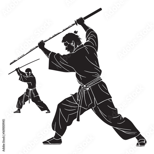 Black bo staff techniques japan okinawa stick Silhouette Vector, High Quality Illustration on White Background