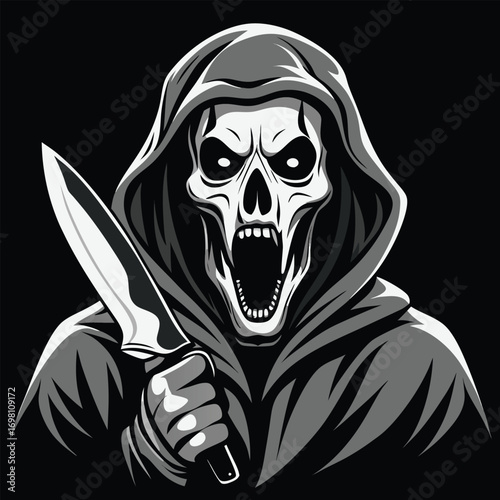 Halloween ghostface killer in black robe holding a knife vector illustration.
