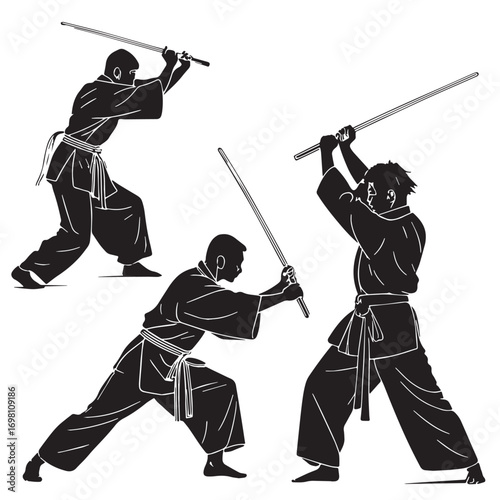 Black bo staff techniques japan okinawa stick Silhouette Vector, High Quality Illustration on White Background
