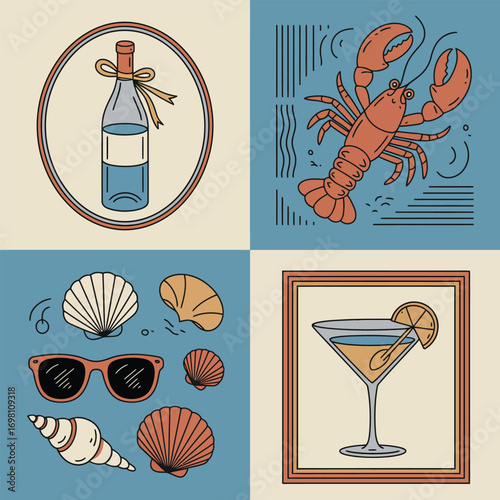 Four Square Grid of Summer Themed Illustrations Keywords: summer, vacation, beach, cocktail