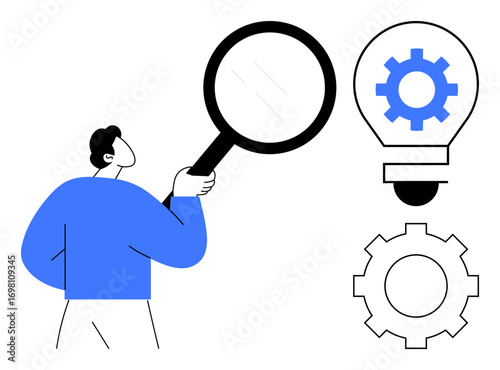 Person examining light bulb with gear inside using magnifying glass alongside standalone gear. Ideal for innovation, problem-solving, technology, strategy, research, analysis, creativity. Simple flat