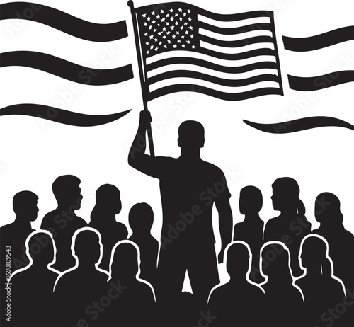 Group Holding American Flag Silhouette Vector in Black and White for Patriotism, Unity, and Civic Engagement Themes