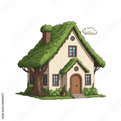 Whimsical Storybook Cottage Covered in Lush Greenery.