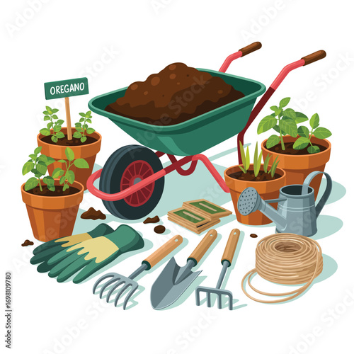 Gardening tools and plants with wheelbarrow and soil Keywords: gardening, tools, plants