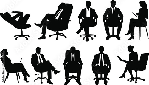 Business professionals silhouette set, seated office workers, using laptops, working, thinking, relaxing, corporate meeting poses, productivity, teamwork, communication.