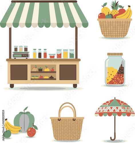 Colorful fruit stand displays fresh produce and homemade preserves under striped awning, creating inviting market scene with summer vibes.