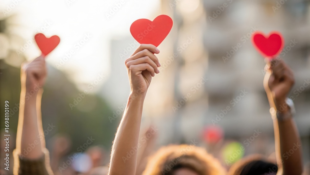 © N7 - Raised hands holding hearts — symbolizing community compassion and love for those in need © N7 - Raised hands holding hearts — symbolizing community compassion and love for those in need