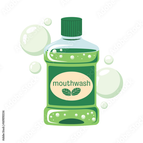 Green Mouthwash Bottle with Bubbles on White Background Keywords: mouthwash, bottle, liquid