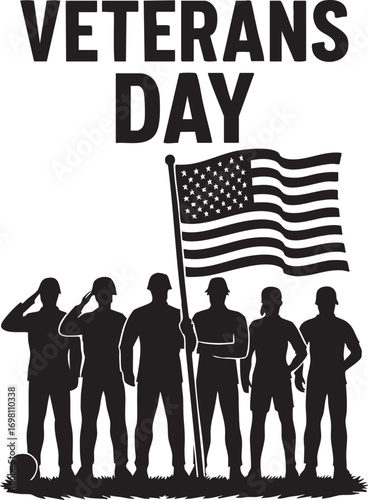 Veterans Day Silhouette Vector with Soldiers and American Flag in Black and White for Patriotic and Military Tribute Themes