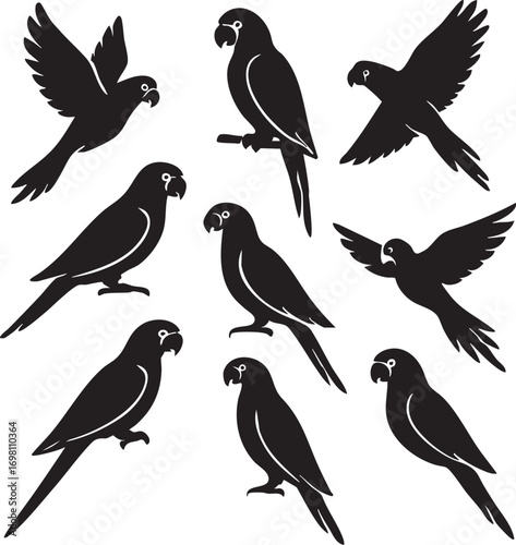Parrot Silhouette Vector Set with Flying and Perched Poses in Black and White for Wildlife, Tropical, and Decorative Themes