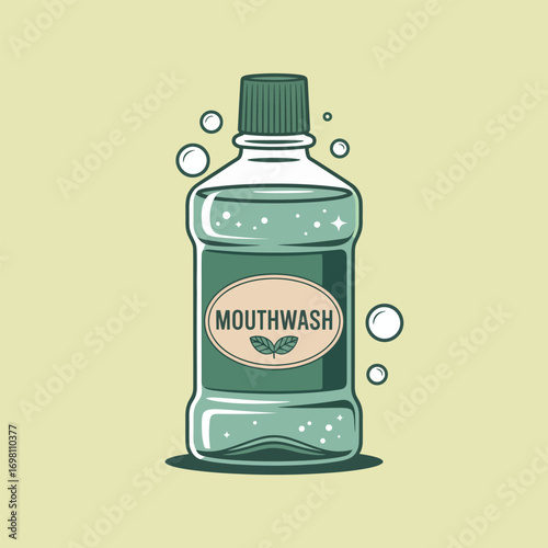 Green Mouthwash Bottle with Bubbles and Leaves on Light Yellow Background Keywords: mouthwash