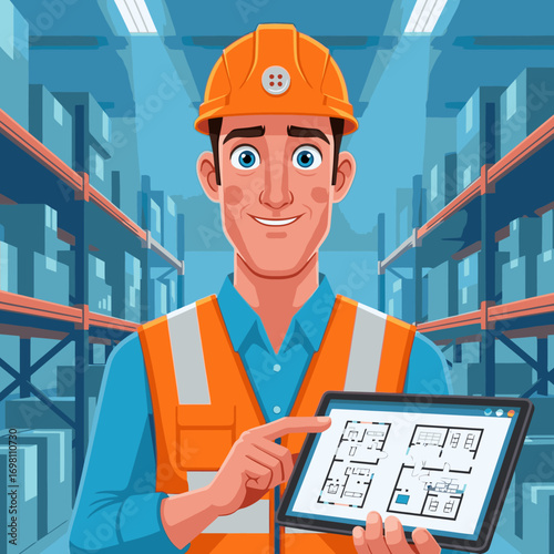 Warehouse worker using digital tablet with blueprint