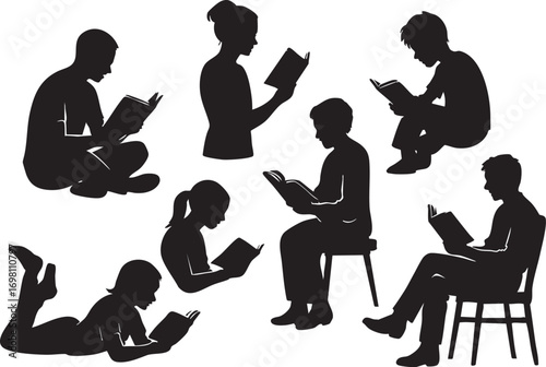 Reading Silhouette Vector with Diverse Poses in Black and White for Literacy, Education, and Relaxed Lifestyle Themes