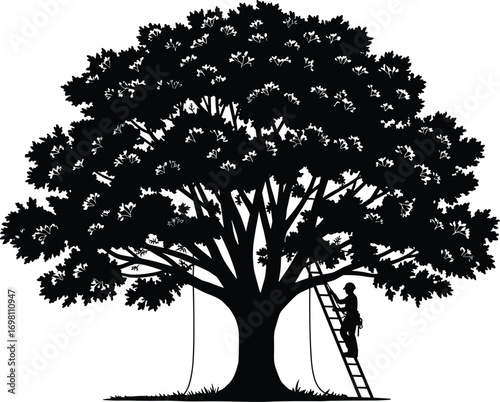 Man pruning large tree with ladder, climbing gear, rope, silhouette style, arborist working outdoors, tree maintenance, forest care, safety.