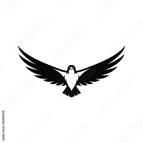Flying falcon bird of prey silhouette with spread wings.