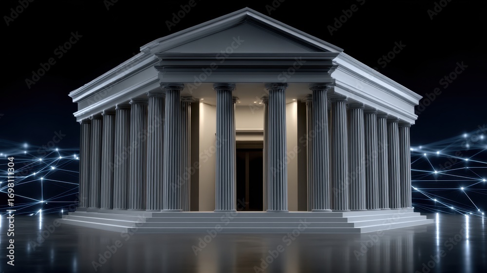 Fototapeta premium Stylized bank building with classical architecture illuminated by digital network connections at night showcasing modernity and tradition