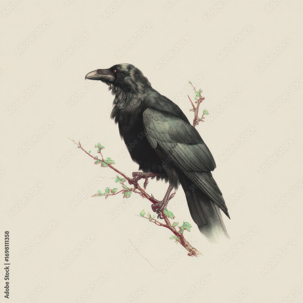Fototapeta premium Raven perched on branch illustration