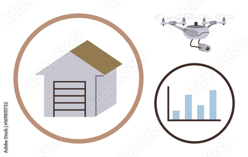 Warehouse with garage door, quadcopter for delivery, and bar chart signify automation, modern logistics, tech integration. Ideal for e-commerce, supply chain, delivery innovation, efficiency data