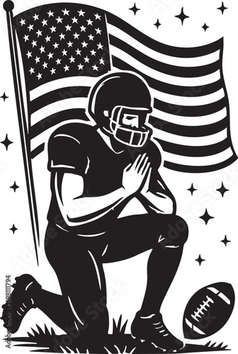 Football Player Kneeling with American Flag Vector in Black and White for Patriotism, Prayer, and Social Awareness Themes