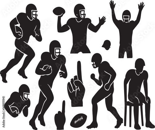 American Football Silhouette Vector with Player Poses, Helmet, Ball, and Foam Finger for Sports and Fan Culture Themes