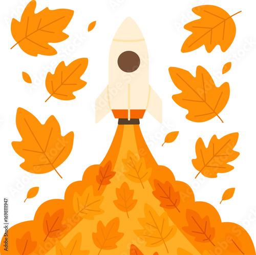 Vector illustration of a rocket launching with autumn leaves instead of fire. Creative seasonal concept for fall, space design, holiday themes, and innovative projects.