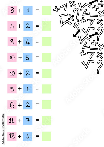 Simple addition math worksheet for kids with colorful squares and abstract symbols in the corner. Educational math activity with printable addition problems practice for children