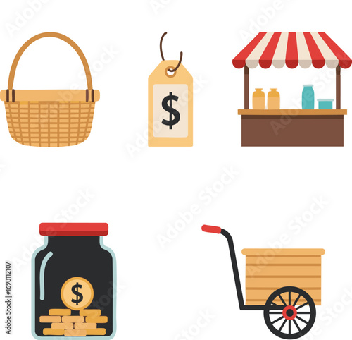 Collection of market items representing commerce and trade, including a basket, price tag, stall, jar of coins, and cart, showcasing a vibrant business theme.