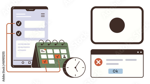 Mobile screen with tasks, calendar with checkmarks, clock showing time, and browser window with error message. Ideal for productivity, scheduling, organization, deadlines, error handling workflow