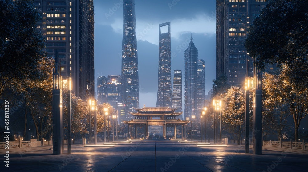 Fototapeta premium Modern city skyline at dusk, traditional Chinese archway in foreground.