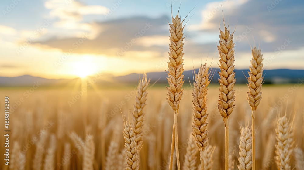Fototapeta premium Golden wheat field at sunset, showcasing nature beauty and tranquility