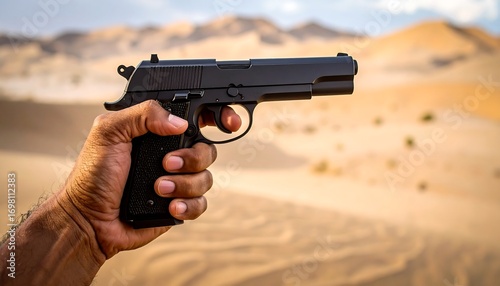 Hand holding a gun in a desert