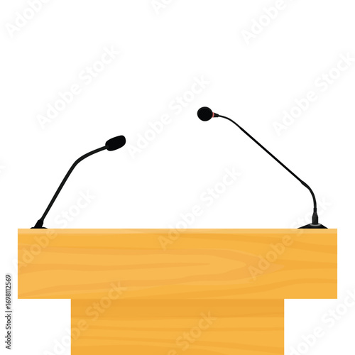 Wooden tribune podium rostrum speech stand with microphones, isolated on white background