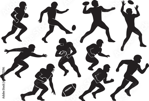 American Football Silhouette Vector with Players in Action Poses and Ball Icon for Sports, Fitness, and Teamwork Themes