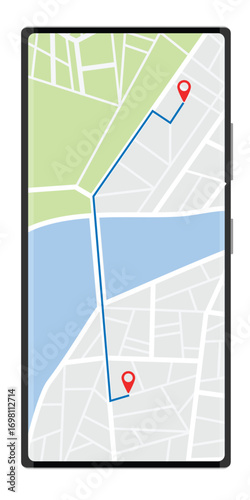 Smartphone map app with GPS navigation and red marker location pin point on screen, scheme of roads