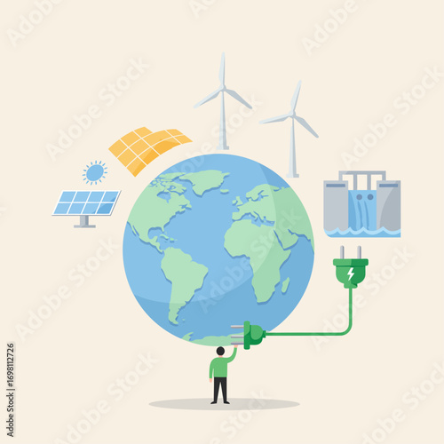 Global transition to green energy sources like solar panels, wind turbines, and hydroelectric power for a sustainable and eco-friendly future