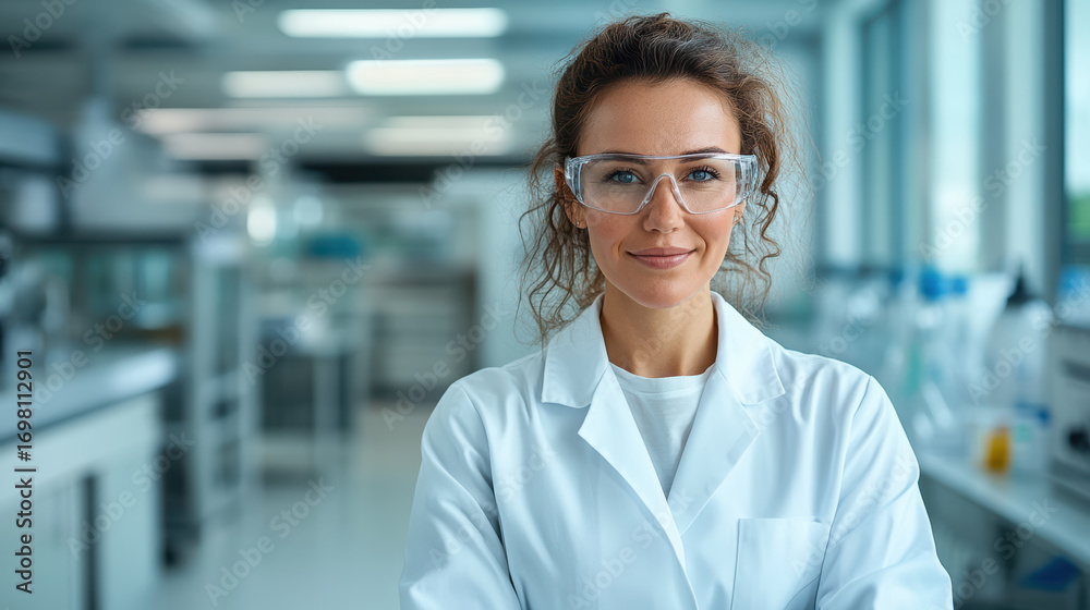 Fototapeta premium Laboratory researcher wearing protective eyewear in modern lab environment, smiling confidently