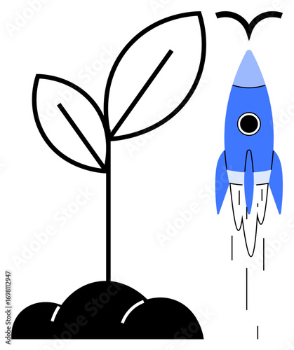 Young sprouting plant beside a flying rocket symbolizing growth, innovation, and progress. Ideal for business growth, entrepreneurship, startup strategies, environment, sustainability, technology