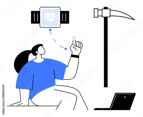 Woman interacts with smartwatch displaying heart rate, hammer and scythe, laptop nearby. Ideal for health tracking, technology, fitness, connectivity, innovation healthcare remote work. Simple flat