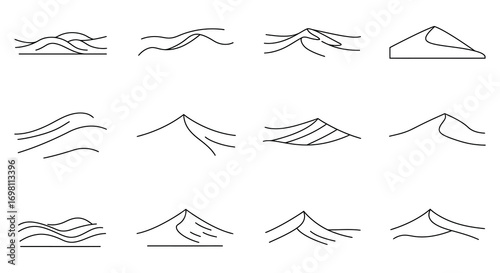 simple line drawings depict various mountain shapes and forms