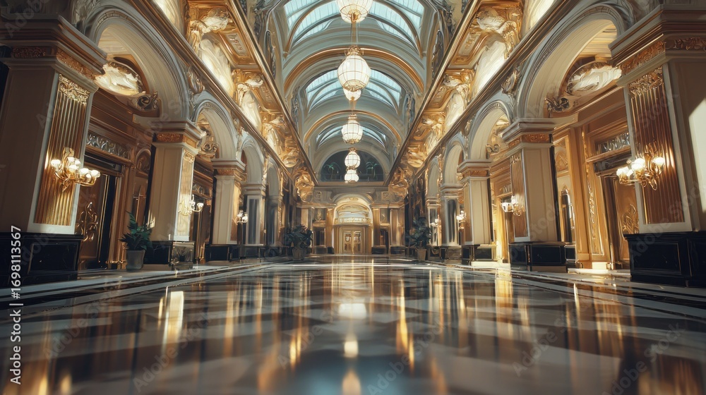 Fototapeta premium Luxurious grand hall interior with gold and marble details.