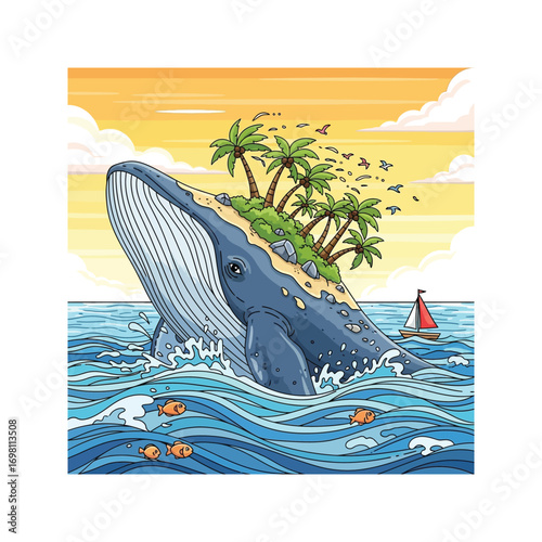 Giant fantasy whale carrying a tropical island on its back.