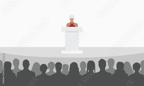 Businesswoman standing behind a podium tribune while giving public speech