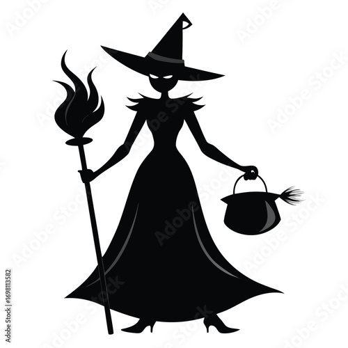 A black silhouette of a witch in a pointed hat, holding a broom and a bucket, walking.